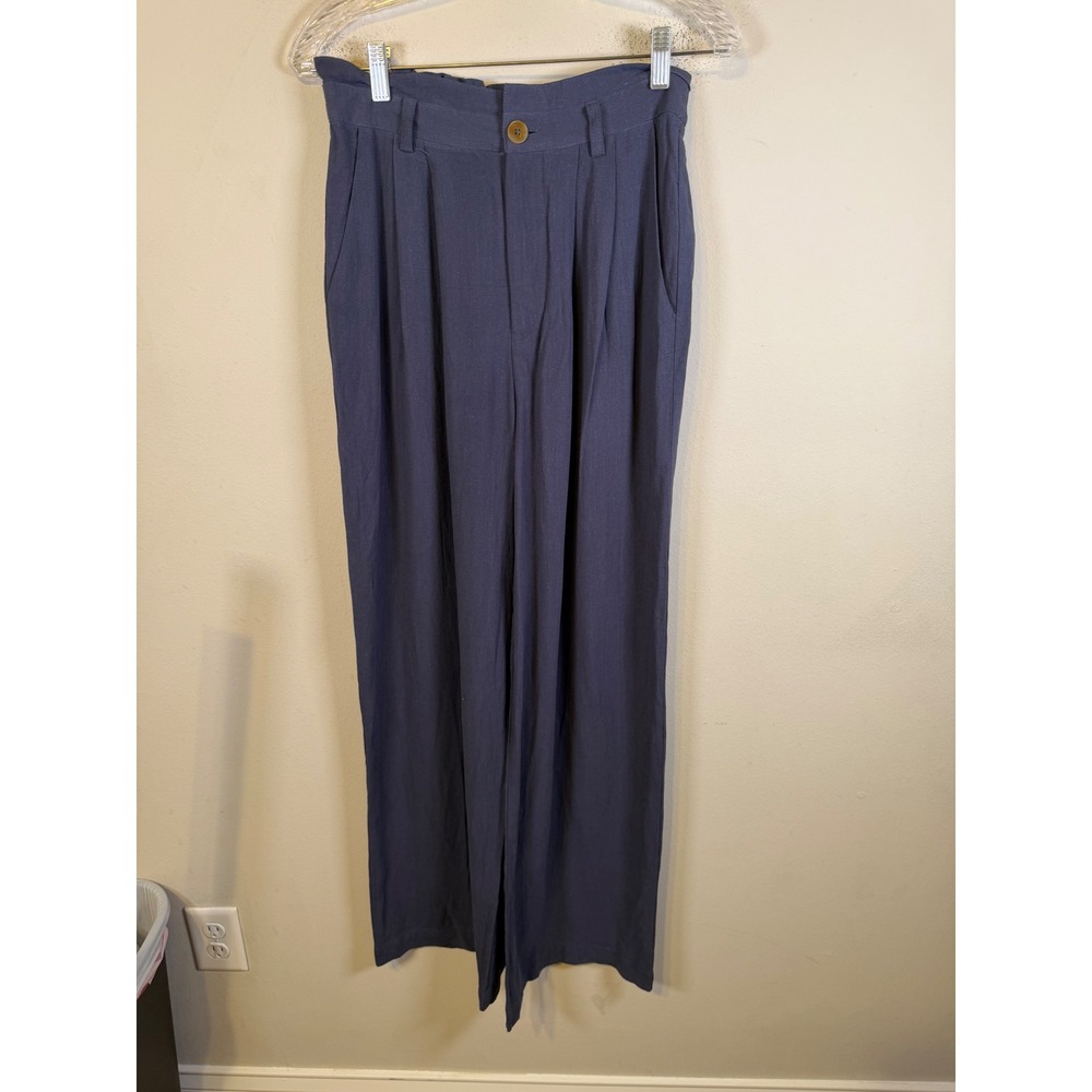 MABLE Women Pants Linen Blend Wide Leg Navy Blue Size M